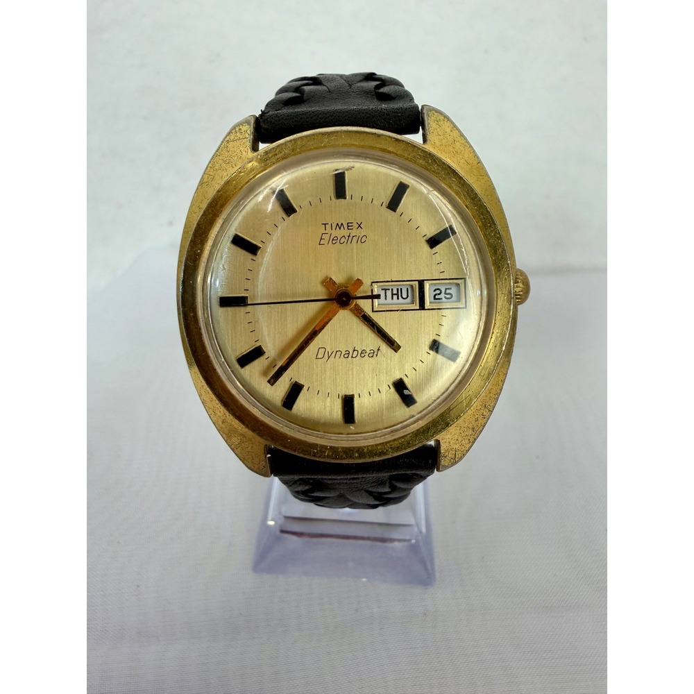 Vintage Timex Electric Dynabeat Gold Tone Day Date Braided Leather Watch
